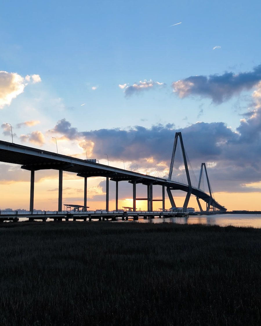 The Ravenel Bridge over the Cooper River at dusk, seen from Mount Pleasant