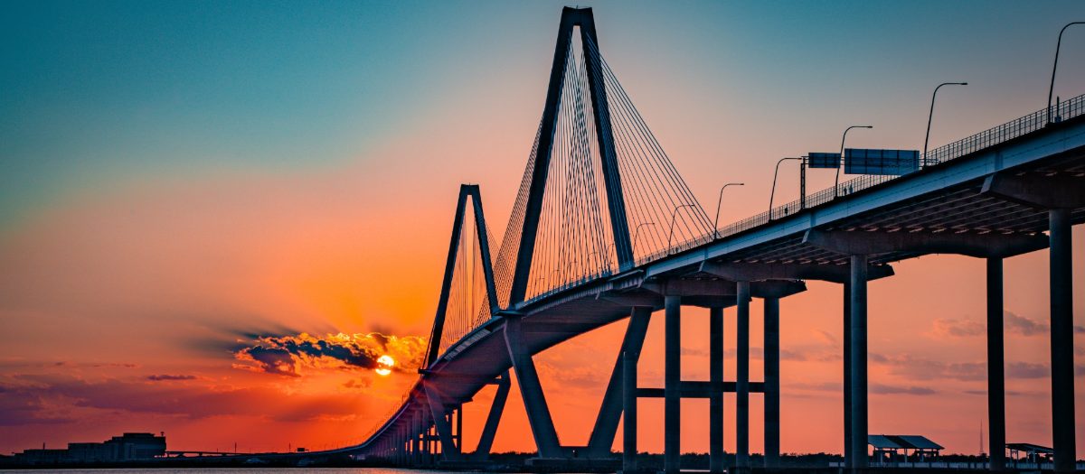 The Ravenel Bridge at sunset, seen from the marsh in Mount Pleasant, SC